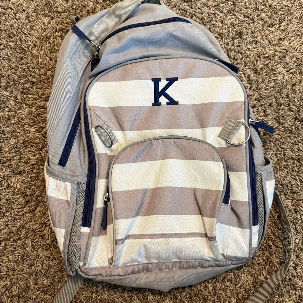Pottery Barn Kids Navy, Gray & White Striped Backpack with Monogram K